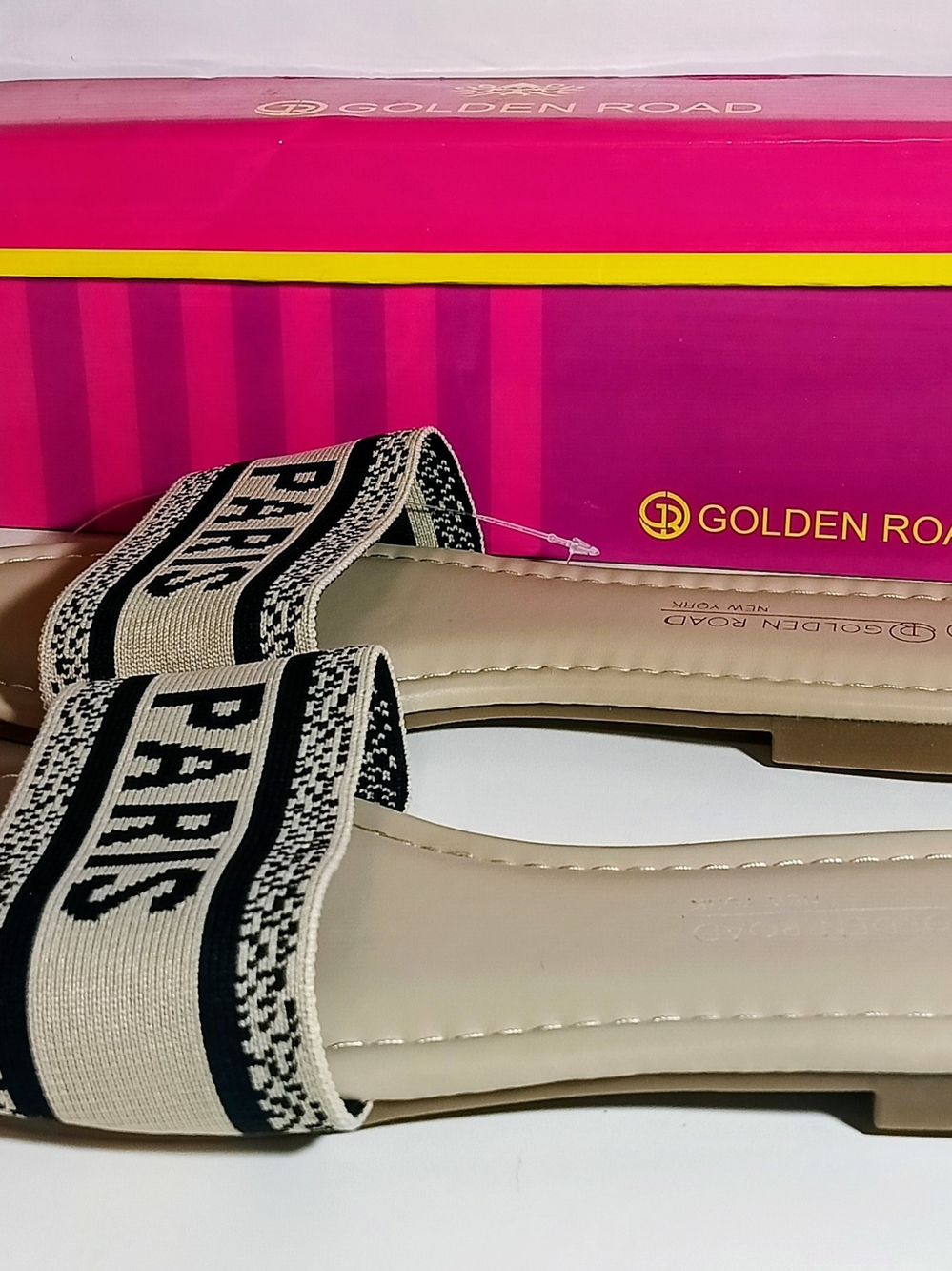 Golden Road New York "PARIS" Embroidered Canvas Slide Sandals - Beige Size 10 - Picture 3 of 6